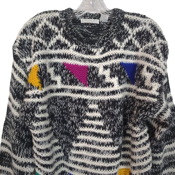 Permit Vintage Mens Sweater Sz M Geometric Black White Acrylic Triangle Pattern - Picture 3 of 16